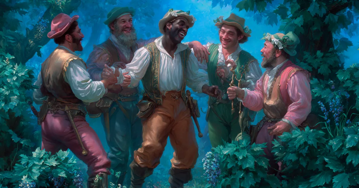 Tradesmen joyfully reuniting and preparing to perform their play in Act 4 Scene 2