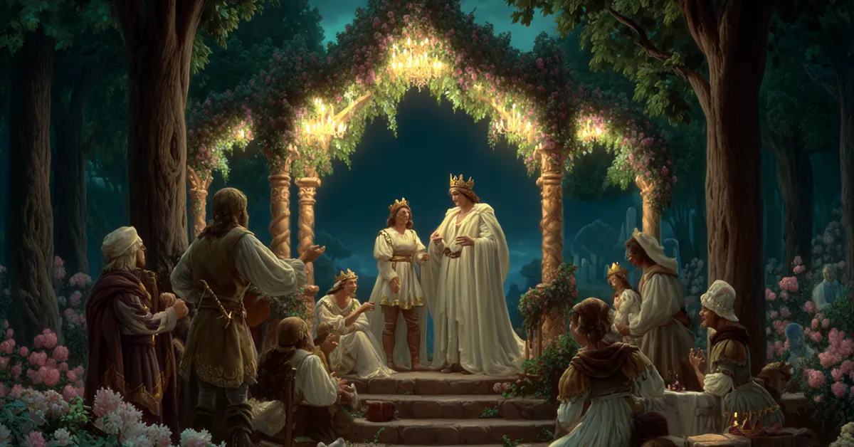 Rustic actors performing Pyramus and Thisbe before the nobles in Act 5 Scene 1 of A Midsummer