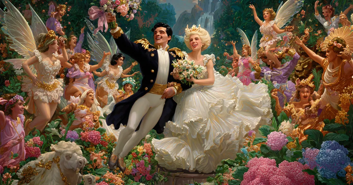 A joyful wedding scene with Theseus, Hippolyta, and fairies celebrating harmony in Act 5 of A Midsummer Night�s Dream