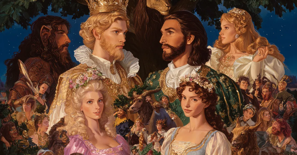 Chart of A Midsummer Night�s Dream characters showing relationships among lovers, royals, and fairies