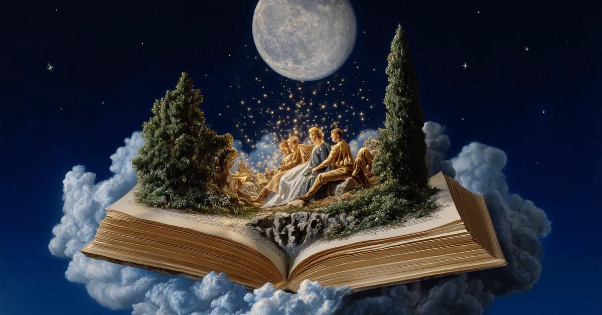 Open book with moonlight and fairy dust illustrating literary devices like irony and symbolism from A Midsummer Night�s Dream