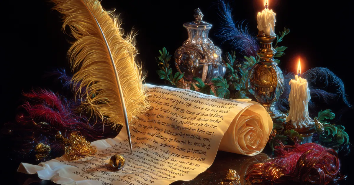 Scroll of famous quotes from A Midsummer Night�s Dream with quill and candlelight beside it