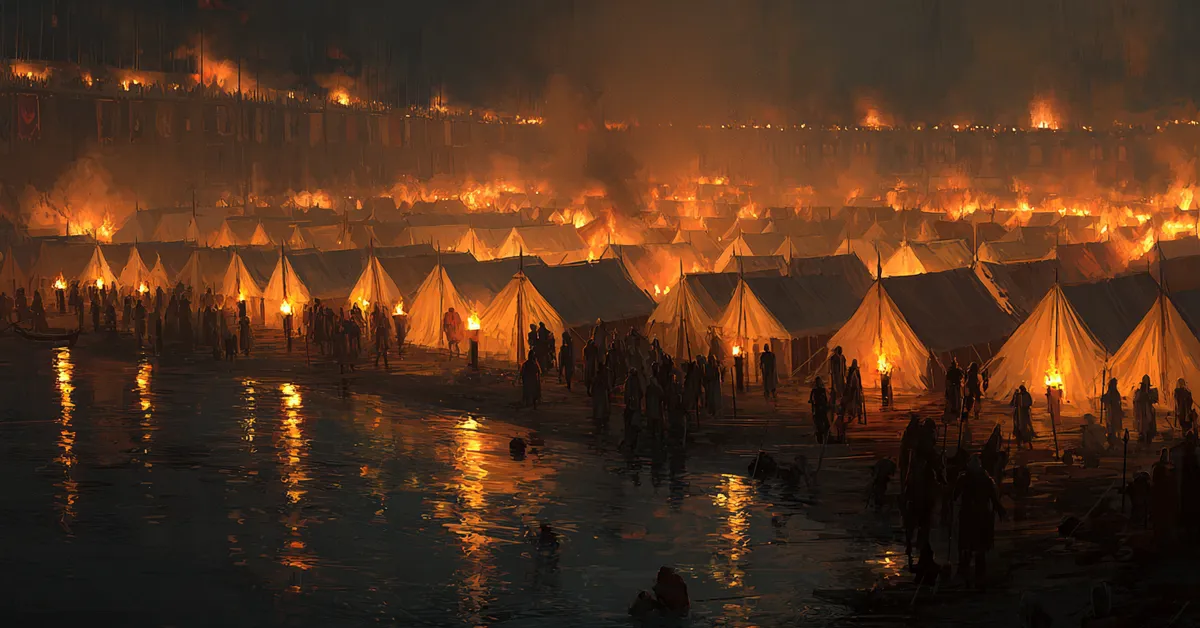 A military camp before battle with rows of tents flickering torches and soldiers preparing gear reflecting the buildup in Henry V Act 3