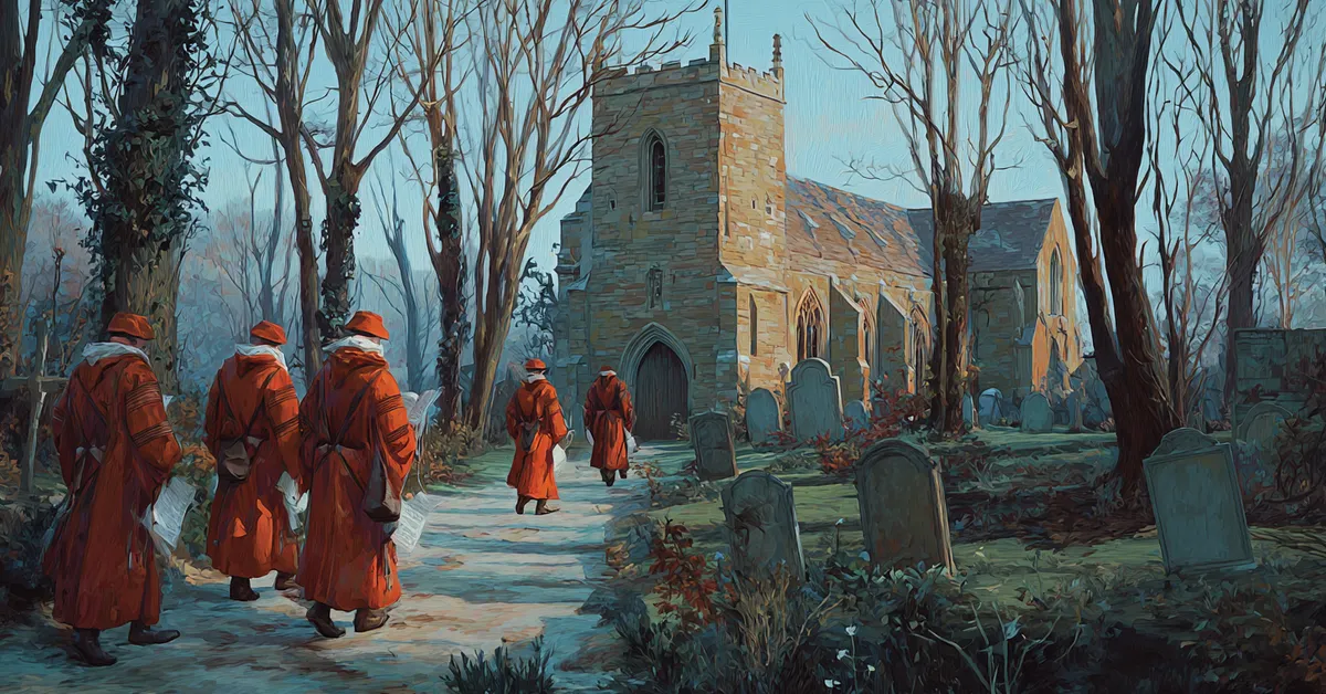 Monks passing by a quiet churchyard carrying prayer books indicating the shift in tone in Henry V Act 4 Scene 8