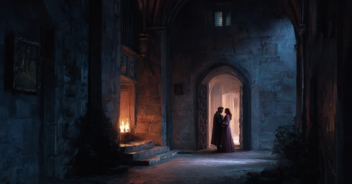 A moody hallway inside a castle with an open door revealing soft torchlight capturing the unfolding conflict of Hamlet Act 2