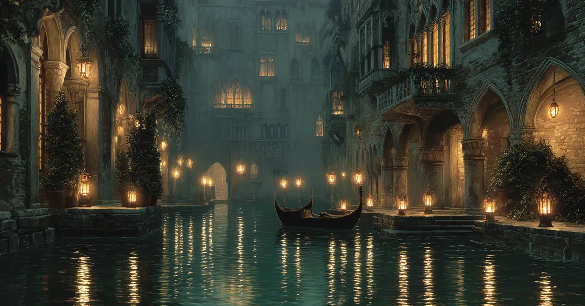 A moody Venetian canal at night with lanterns reflecting on the water suggesting the atmospheric tension of an Othello Scene