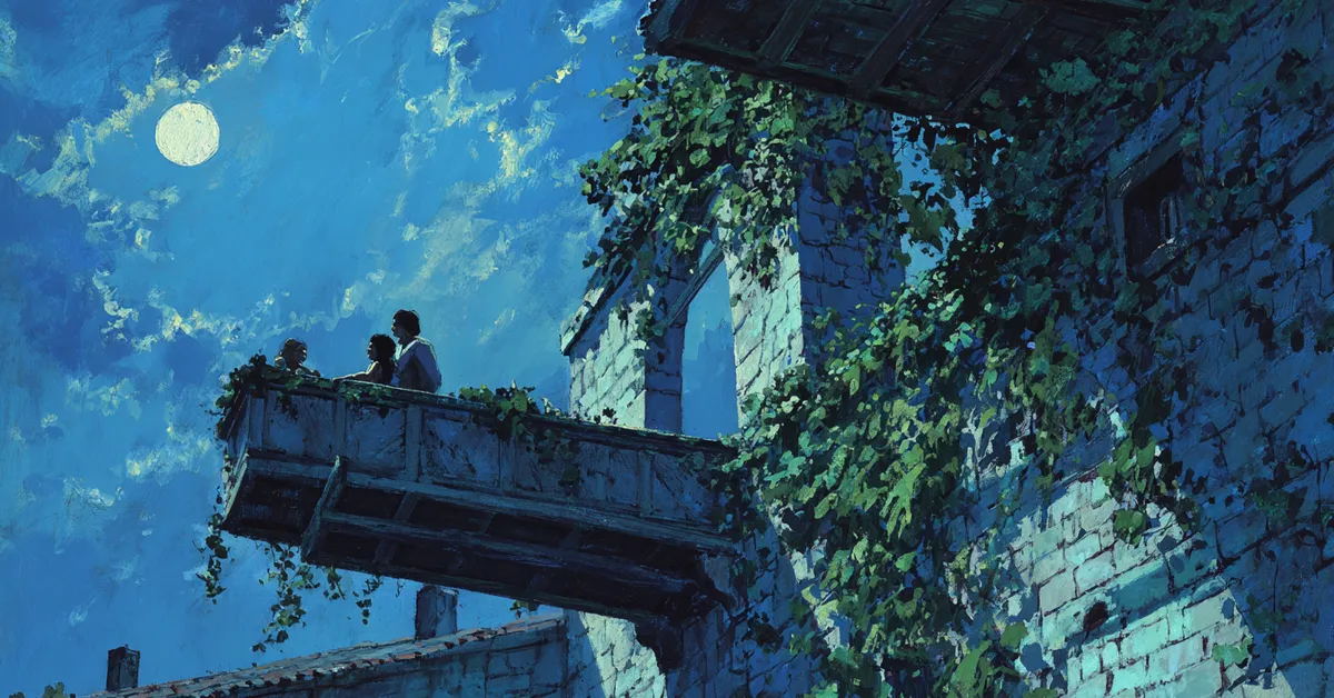 A moonlit balcony looking over Verona rooftops with ivy climbing the stone wall anchoring Romeo and Juliet Act 2