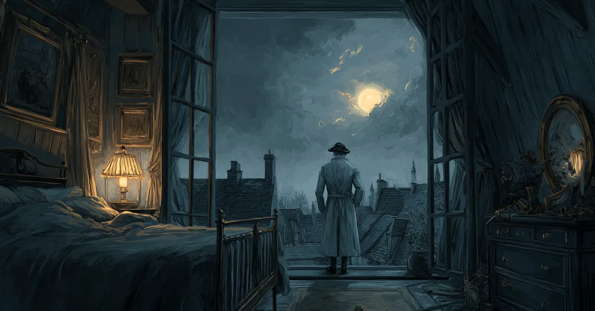 A moonlit royal chamber where a tired king stands by a window overlooking dark rooftops suggesting the anxious night of Henry IV Part 2 Act 3 Scene 1