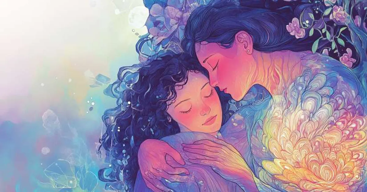 A mother embraces her child in luminous colors reflecting love and resolution in A Wrinkle In Time Chapter 10.