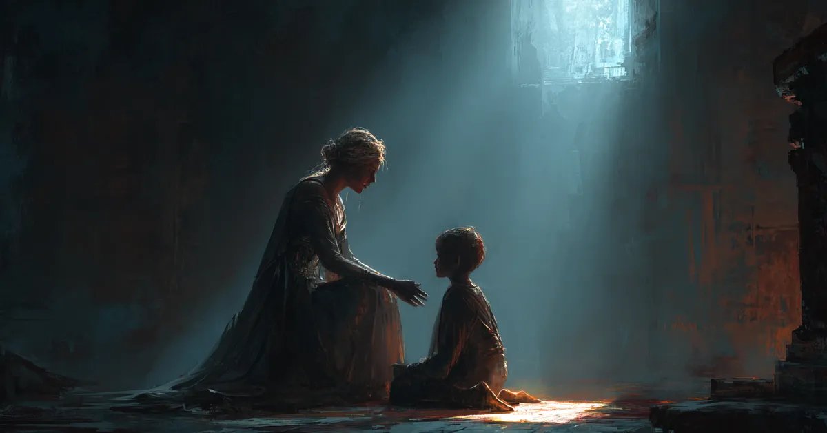 A mother pleading with her son in a dim chamber illustrating the persuasion in Act 3 Scene 2