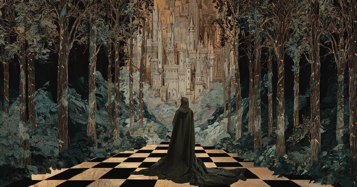 A forest illusion moving toward a castle illustrating Macbeth Act 5 Scene 4
