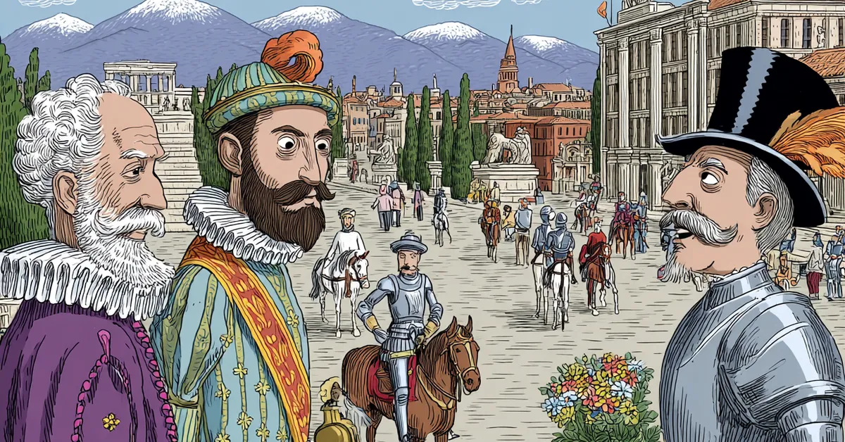 Soldiers arriving in Messina greeted by Leonato as Beatrice exchanges sharp remarks with Benedick in Act 1 of Much Ado About Nothing