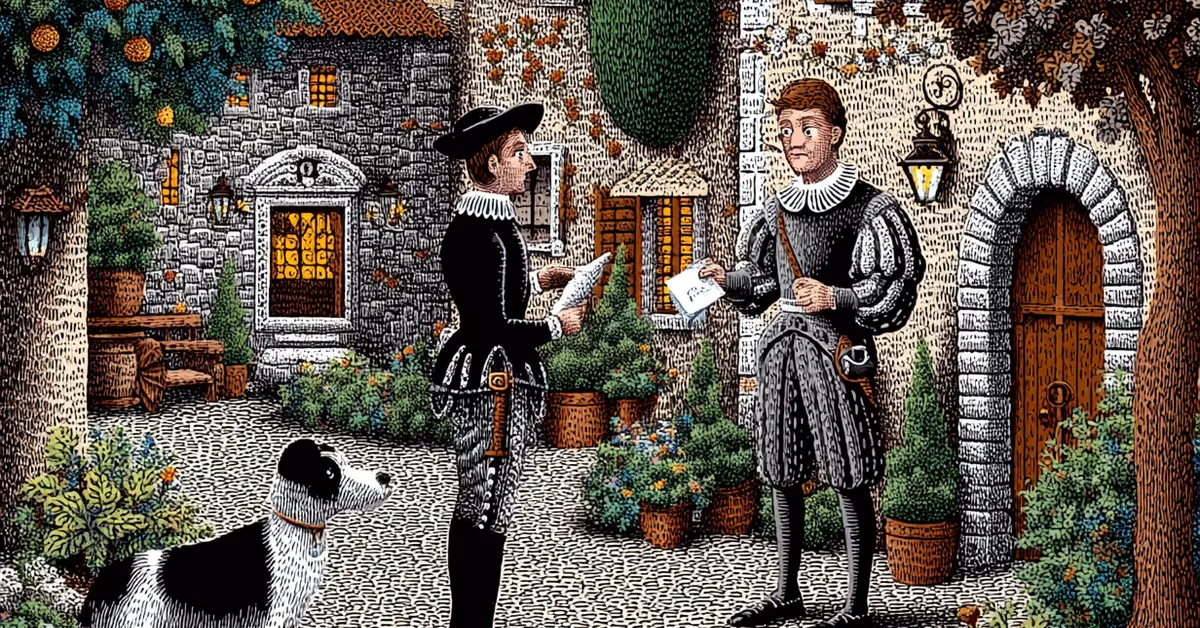 Messenger delivering news to Leonato�s household in Messina courtyard from Act 1 Scene 1