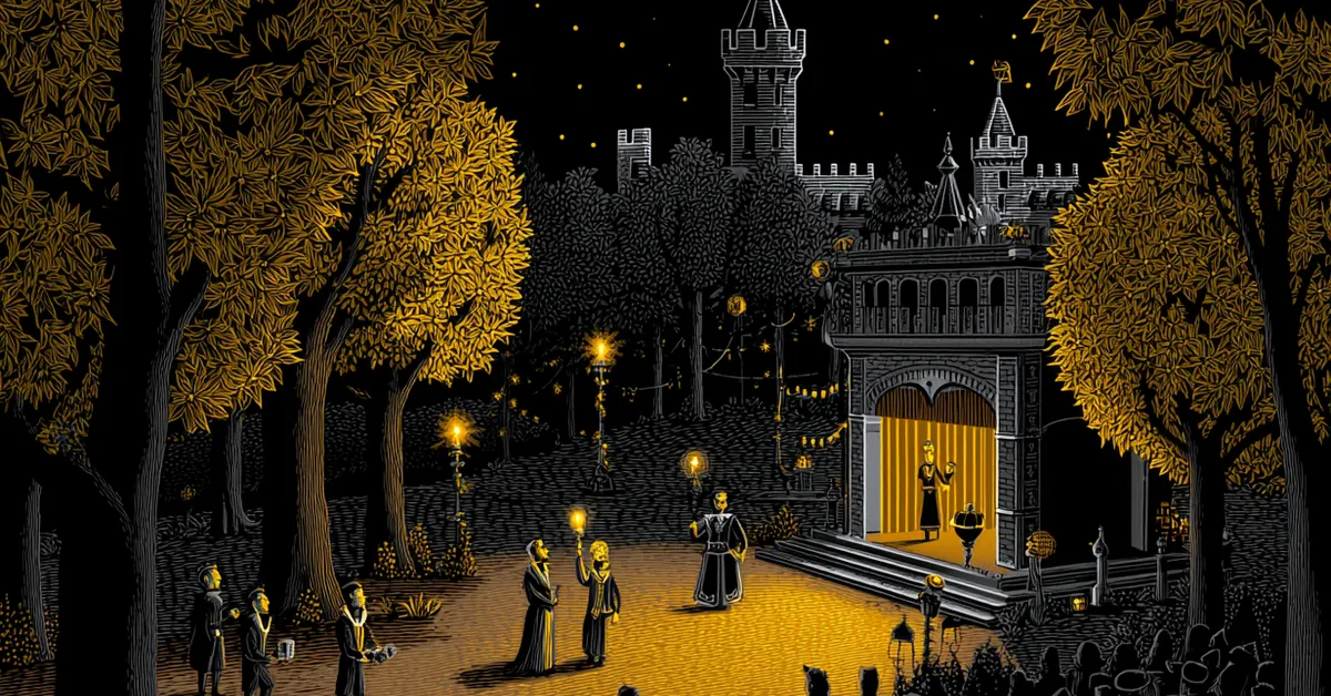 Don John conferring secretly with Borachio under torchlight in Act 1 Scene 3