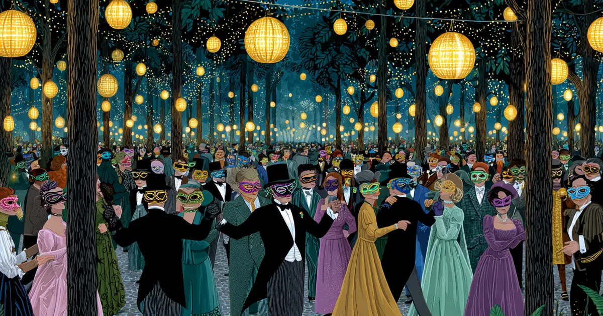 Masked guests dancing under lanterns during the lively masquerade ball in Act 2 of Much Ado About Nothing