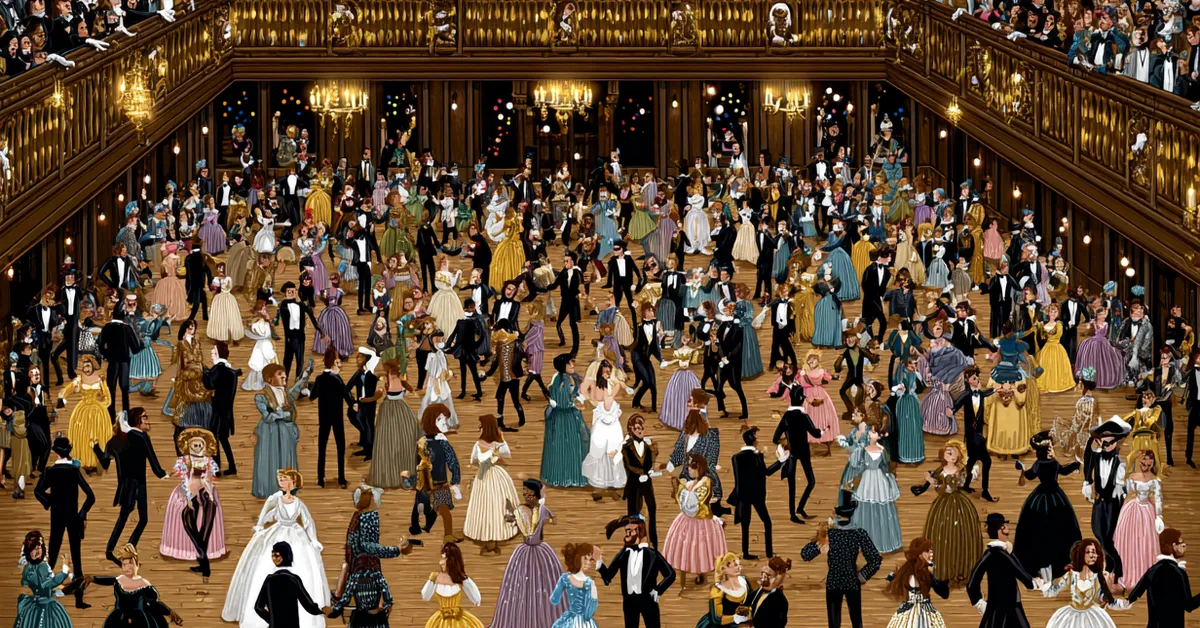 Masked guests dancing at the illuminated ballroom during the masquerade in Act 2 Scene 1