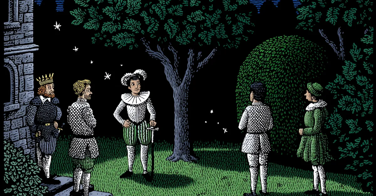 Don John plotting deception with Borachio and Conrade at night in Act 2 Scene 2