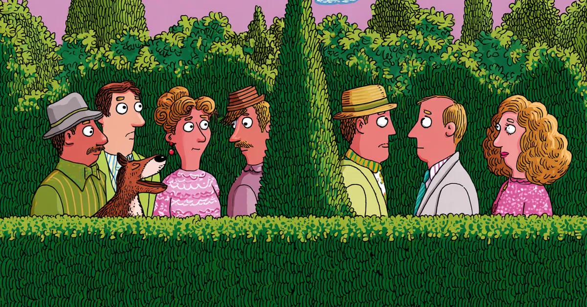 Benedick hiding behind a hedge while friends talk about Beatrice in Act 2 Scene 3
