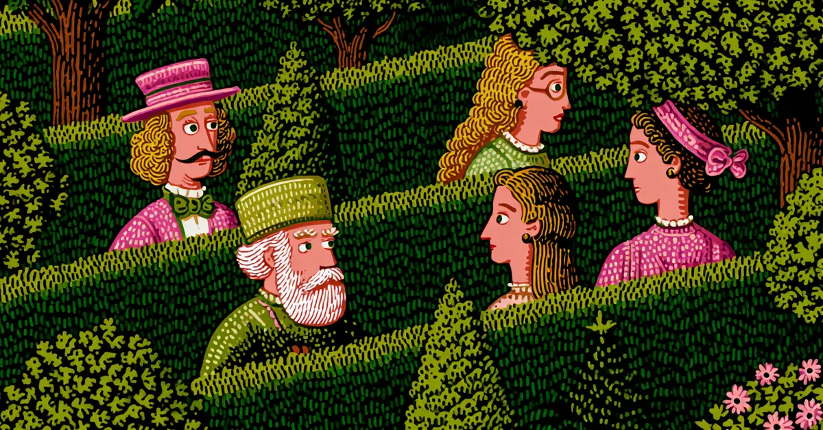 Benedick hiding behind a hedge as friends speak of Beatrice�s love in Act 3 of Much Ado About Nothing