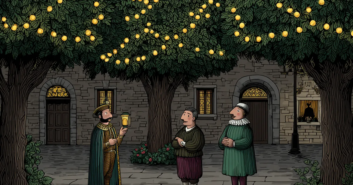 Don Pedro, Claudio, and Don John scheming in a courtyard under lamplight in Act 3 Scene 2
