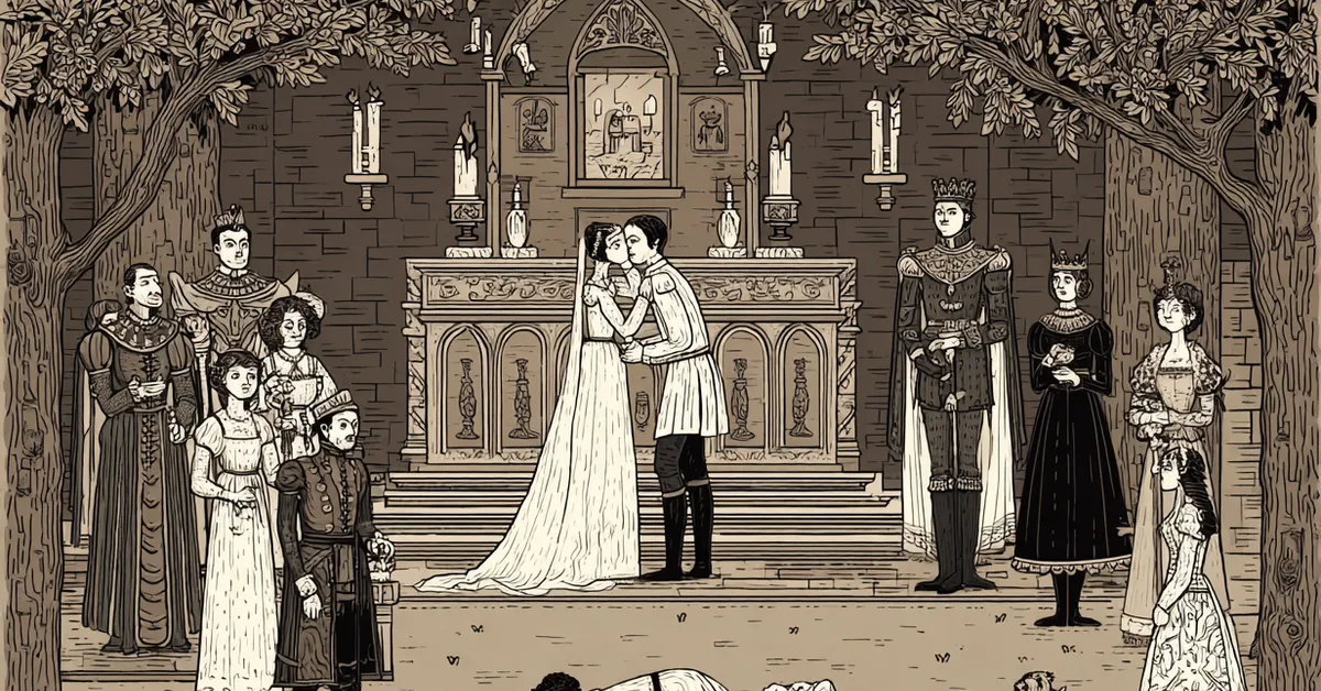 Hero fainting at the altar as Claudio denounces her in Act 4 Scene 1 of Much Ado About Nothing