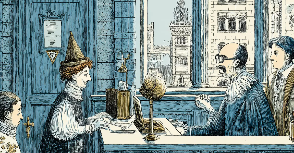 Dogberry questioning Borachio and Conrade in the city watch office in Act 4 Scene 2