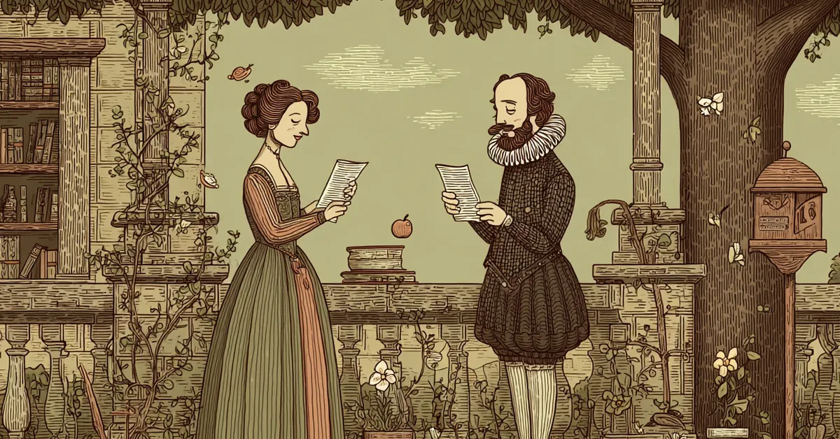 Beatrice and Benedick exchanging letters and confessions of love in Act 5 Scene 2