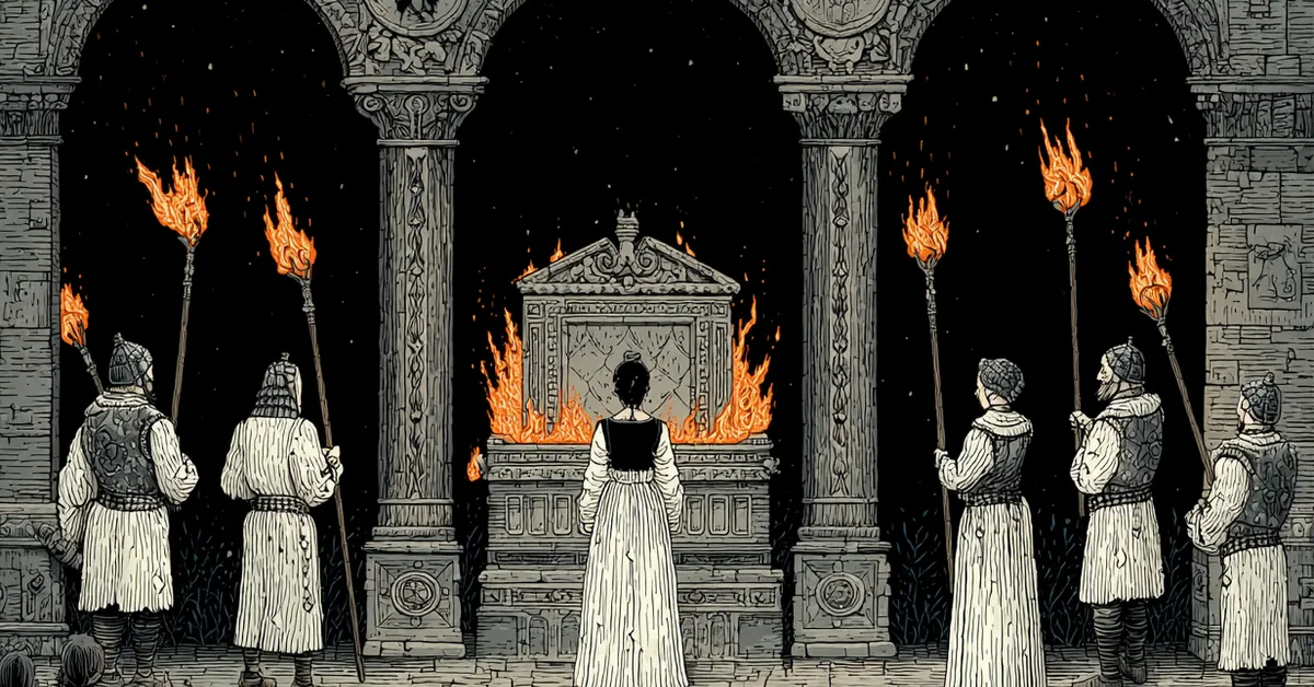 Claudio mourning Hero at her tomb with torches burning in Act 5 Scene 3