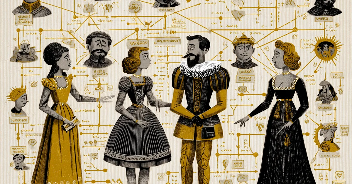 Character map linking Beatrice, Benedick, Hero, Claudio, and Don John with lines of conflict and affection