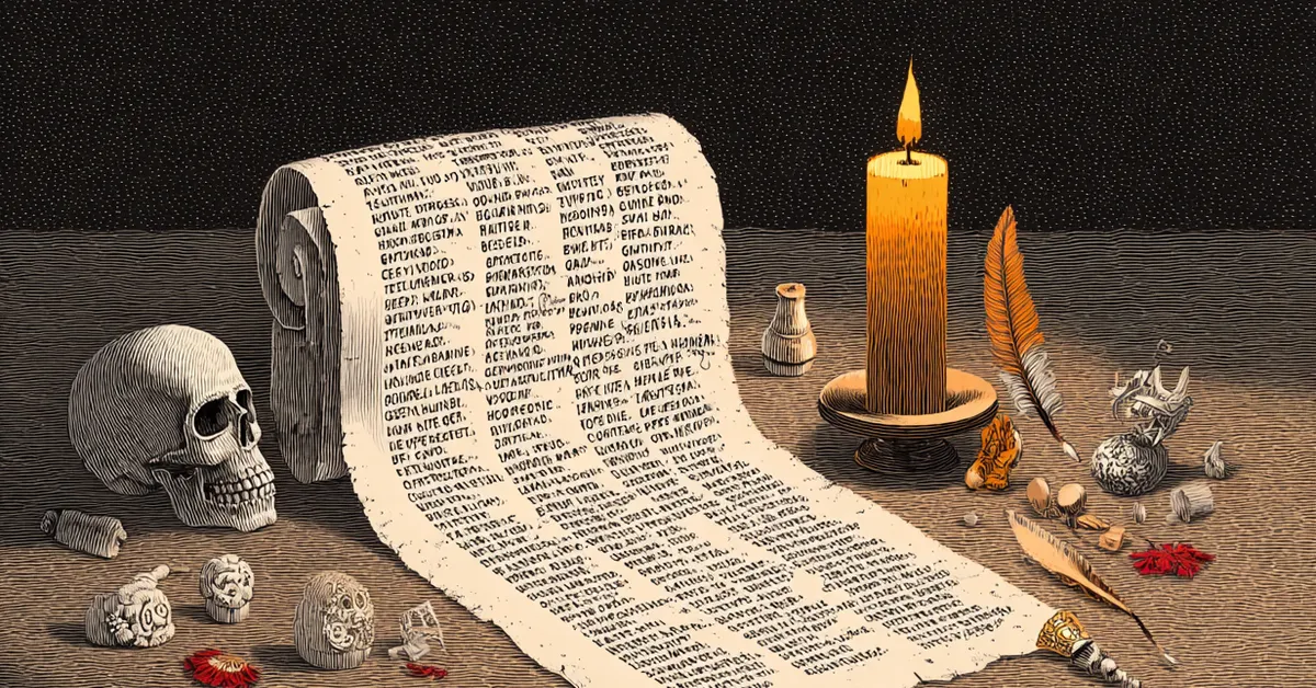 Scroll of handwritten quotes from Much Ado About Nothing with quill and candle beside it on parchment