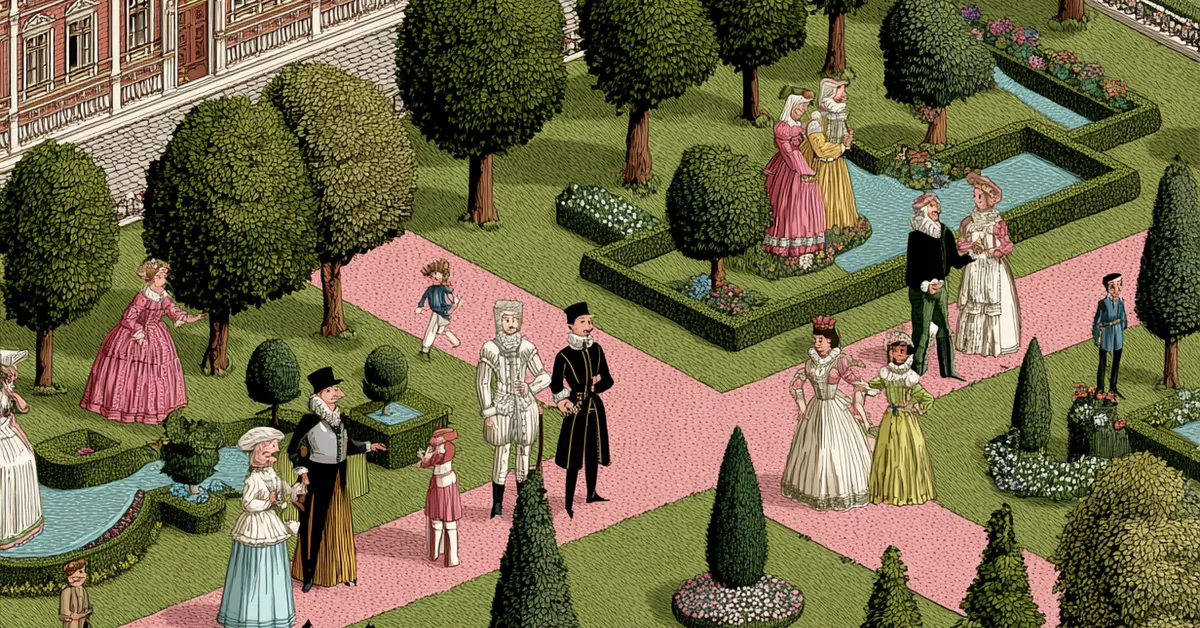 Illustration of Messina�s gardens and courtyards with Beatrice, Benedick, and other nobles exchanging witty banter from Much Ado About Nothing