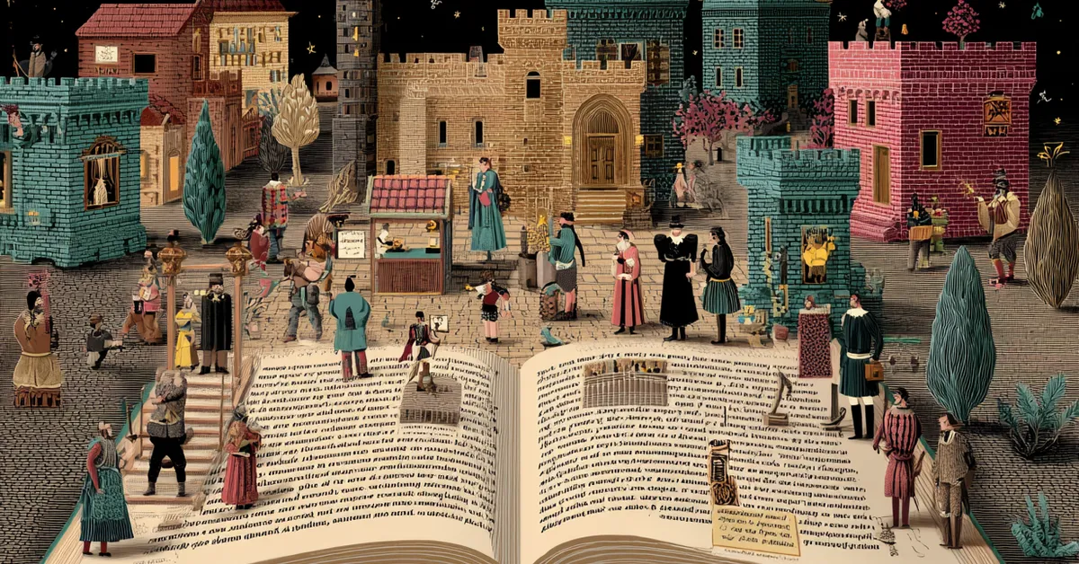 Open book with highlights of irony, metaphor, and deception motifs illustrating literary devices from Much Ado About Nothing