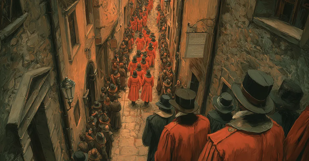 A narrow street where commoners watch a line of royal guards pass by in formation symbolizing the new order at the close of Henry IV Part 2 Act 5 Scene 5