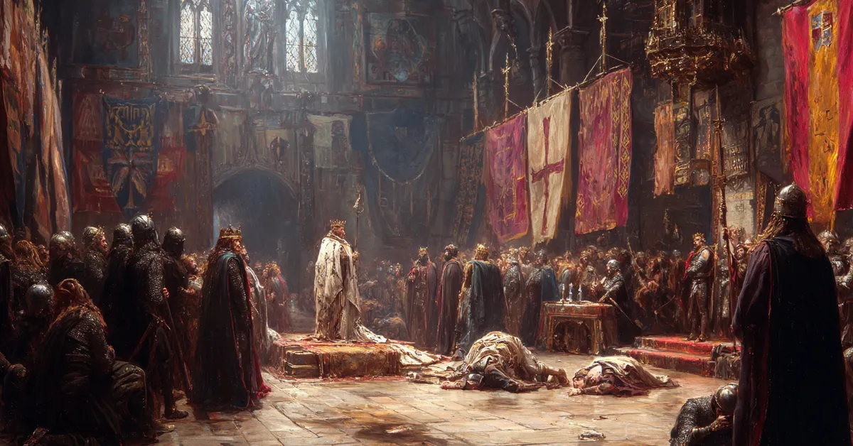 A great hall where a new king is crowned under bright banners marking Macbeth Act 5 Scene 9