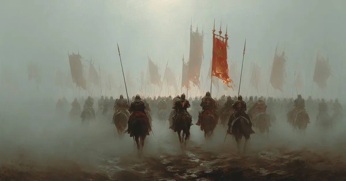 A foggy field where cavalry charge with lances lowered and banners streaming representing Richard III Act 5 Scene 4