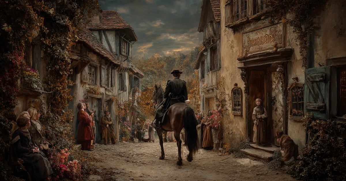 A mounted nobleman riding through a village lane while villagers watch from doorways evoking the movement of Prince Hal in Henry IV Part 2 Act 3 Scene 2