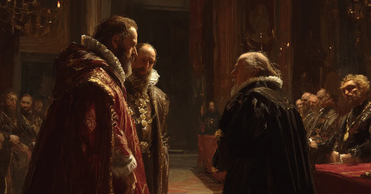 Noblemen standing in a heated discussion inside a dim hall reflecting the disputes in Henry IV Part 1 Act 1 Scene 3