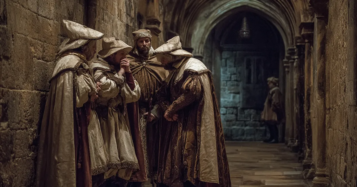 Noblemen whispering in a stone corridor showing suspicion in Macbeth Act 3 Scene 6