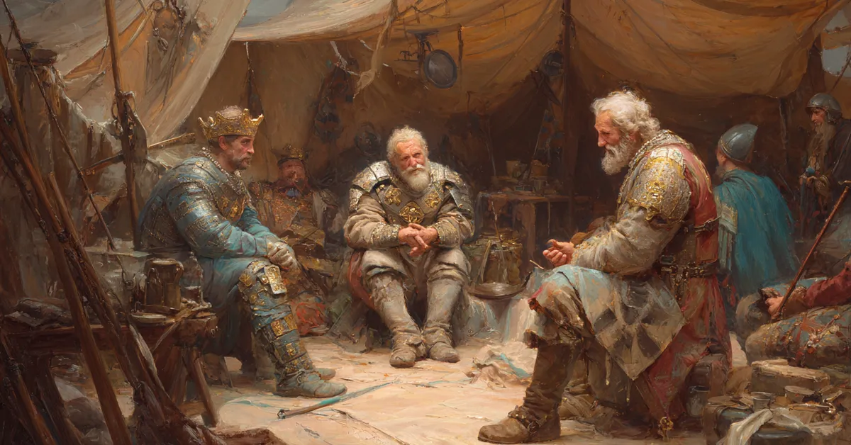 Nobles conversing in a canvas war tent referencing the negotiations in Henry IV Part 1 Act 4 Scene 3