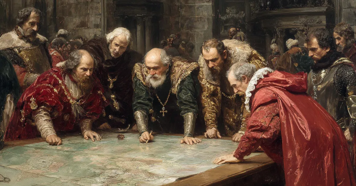Nobles in rich cloaks leaning over a large map table in a stone hall quietly plotting strategy for Henry IV Part 2 Act 1 Scene 3
