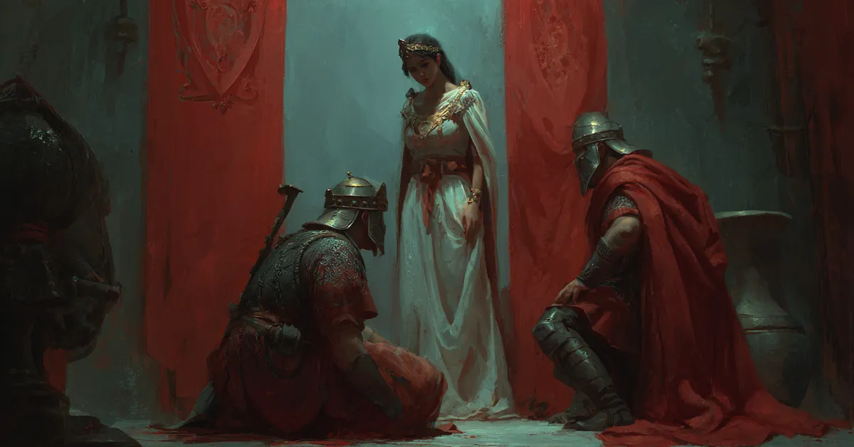 A noblewoman confronting two men in a tense chamber connecting to Titus Andronicus Act 4 Scene 2