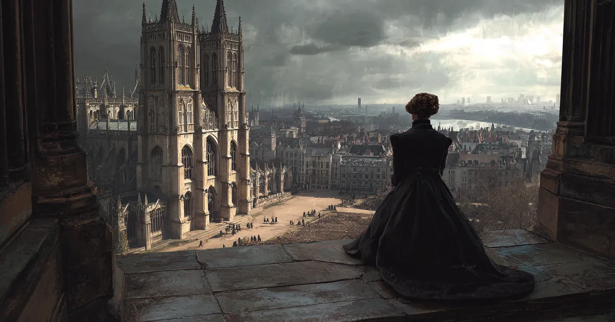 A noblewoman overlooking an empty court under gray skies showing loss and uncertainty in Richard II Act 5 Scene 1