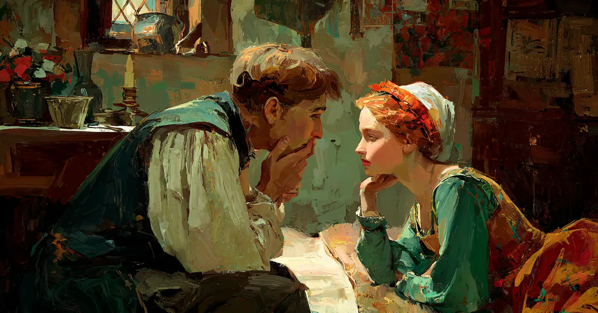 A nurse speaking closely with a young girl in a warm interior room reflecting Romeo and Juliet Act 1 Scene 3