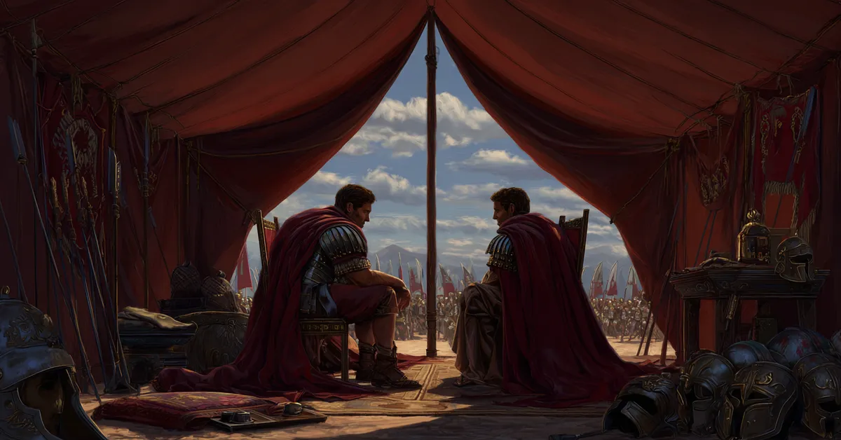 Two officers debating intently inside a military tent reflecting the conflict in The Tragedy Of Julius Caesar Act 4 Scene 3