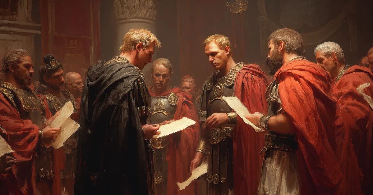 Roman officials debating inside a hall with scrolls in hand reflecting the dispute in Act 1 Scene 2