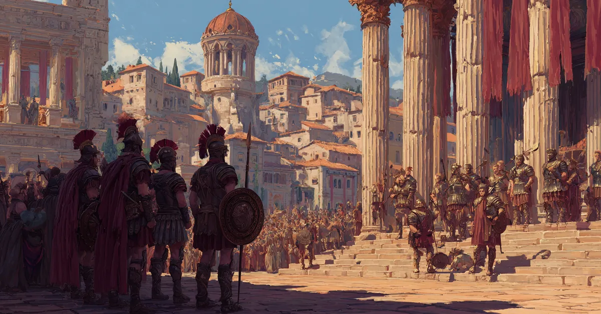 Officials gathered in a Roman forum debating matters of state reflecting the political tension covered in the Act 2 quiz
