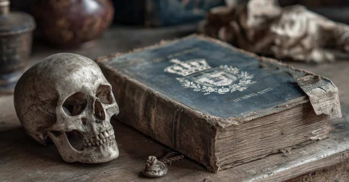 An old book with worn pages resting on a wooden table with a faint crown emblem on the cover and a small skull carving linking it to Hamlet