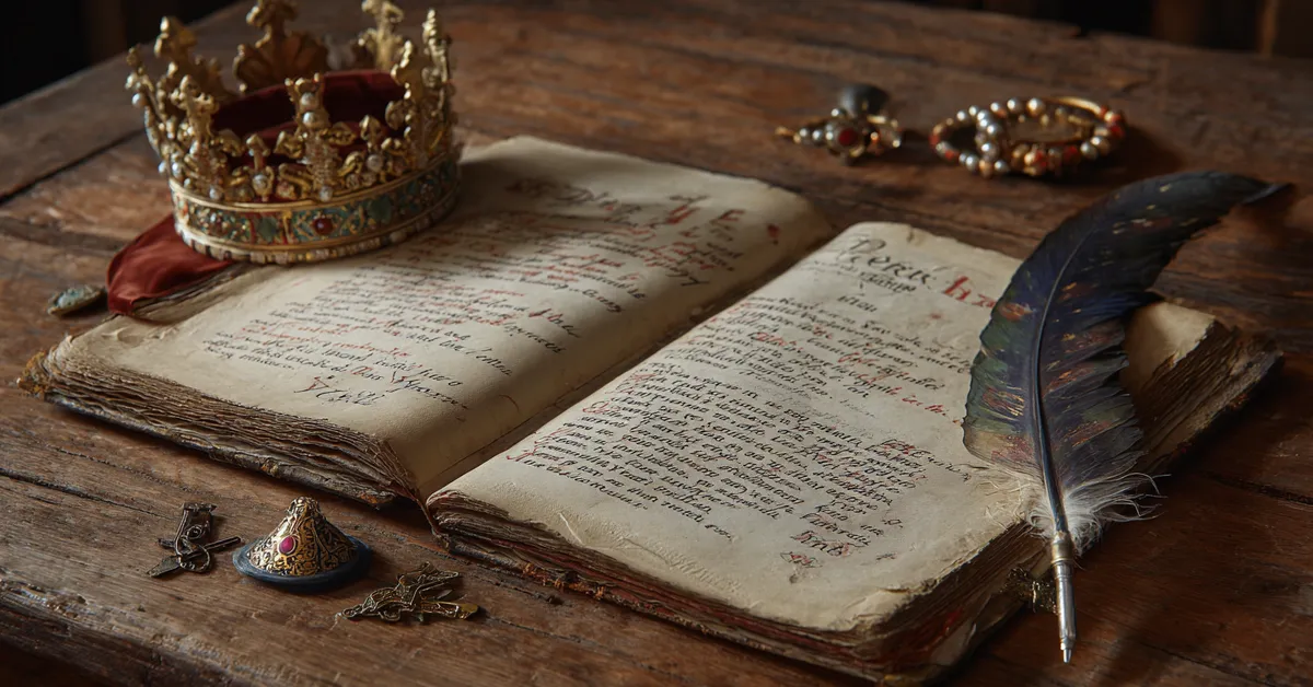 An old playbook of Henry IV Part 2 lying open on a wooden desk beside a quill and a small royal crown emblem linking clearly to the full text of the play