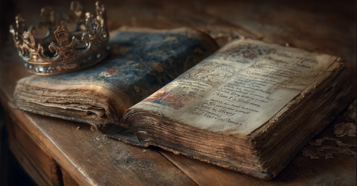 An old history book with worn pages resting on a wooden table with a faint crown emblem connecting it to Henry IV Part 1