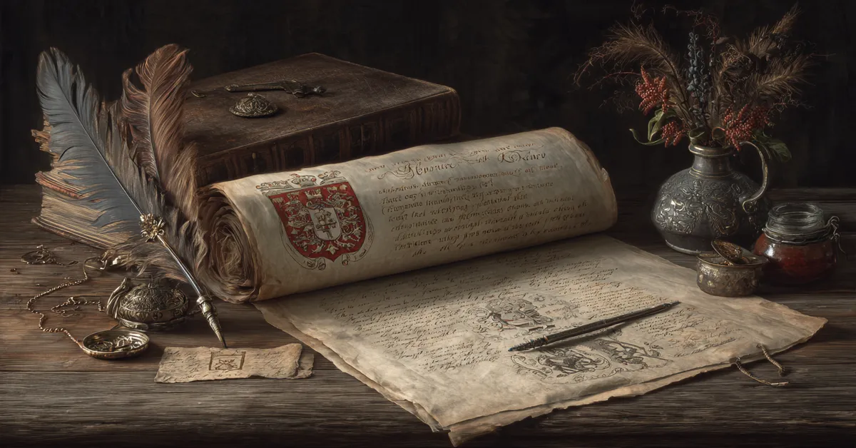 An old medieval chronicle resting on a wooden desk beside a quill and a faded royal crest tying visually to the story of Henry VI Part 1